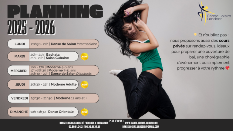 Planning rentrée 2025 - Danse Moderne dès 4 ans, Danse de Salon, Bachata, Salsa Cubaine, Danse Orientale