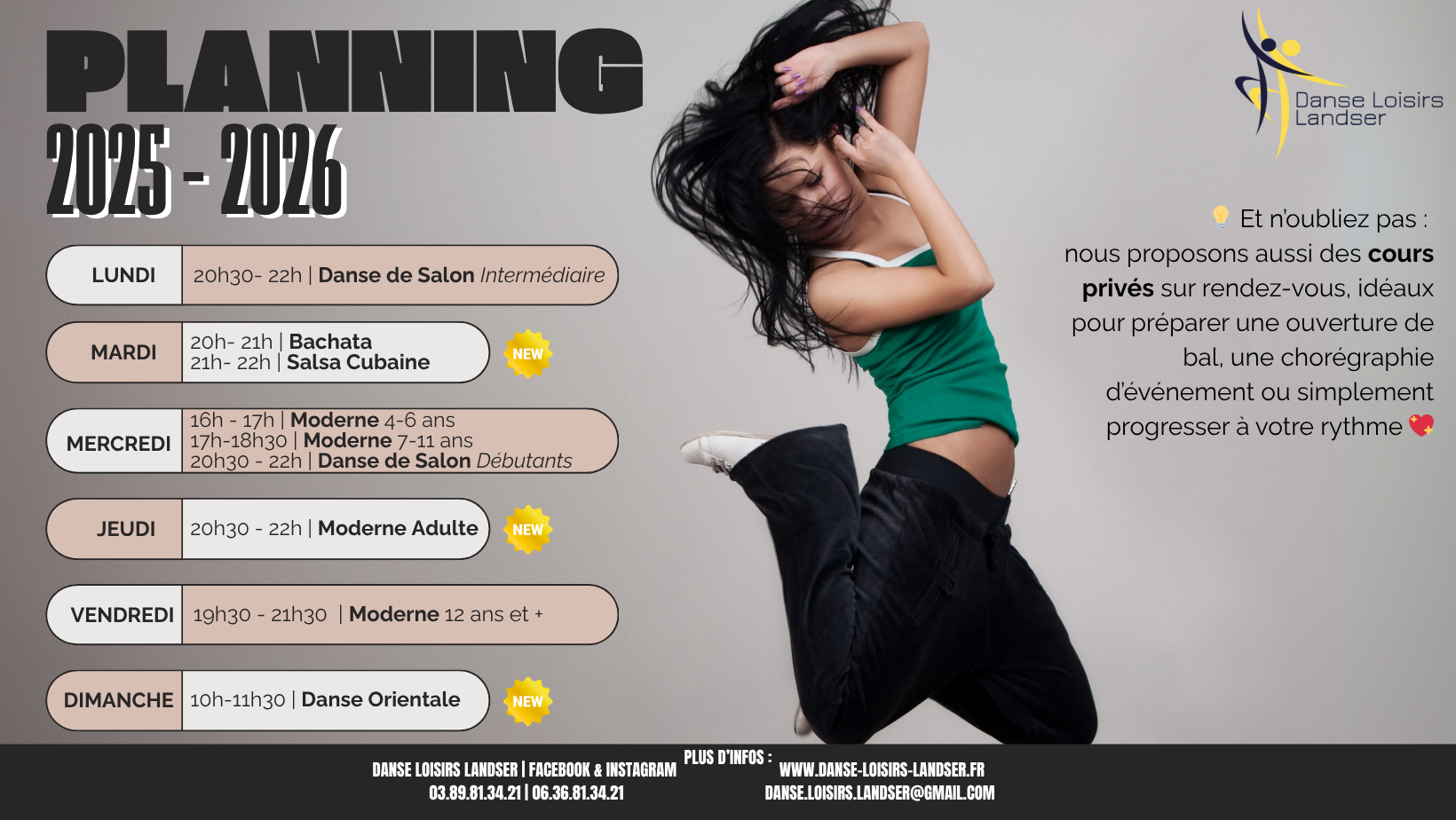 Planning rentrée 2025 - Danse Moderne dès 4 ans, Danse de Salon, Bachata, Salsa Cubaine, Danse Orientale